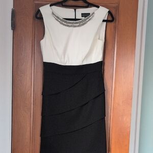 connected apparel Black and White Sleeveless Midi Dress with Beaded Collar